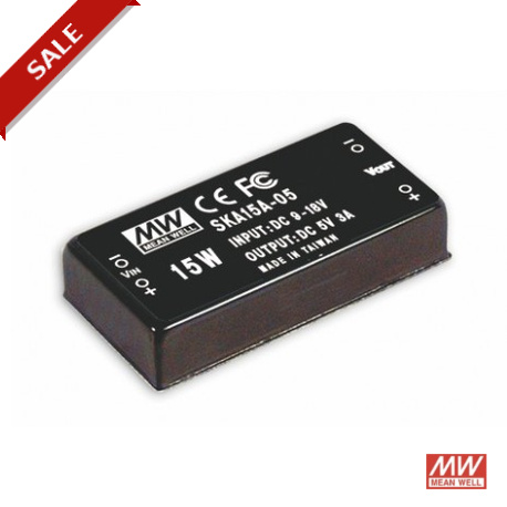 SKA15C-05 MEANWELL DC-DC Converter for PCB mount, Input 36-72VDC, Output 5VDC / 3000mA, DIP Through hole pac..