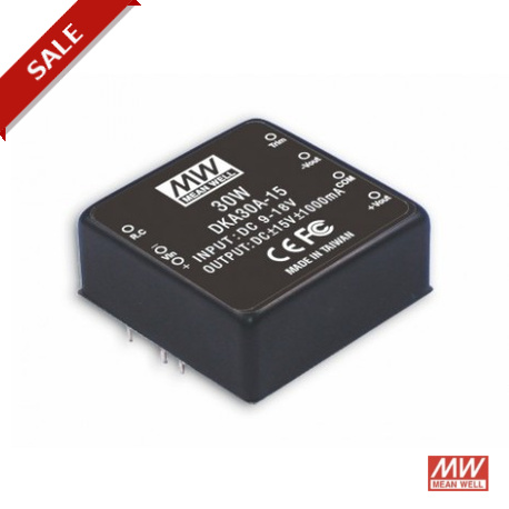 DKA30B-15 MEANWELL DC-DC Converter for PCB mount, Input 18-36VDC, Output ±15VDC / 1A, DIP Through hole packa..