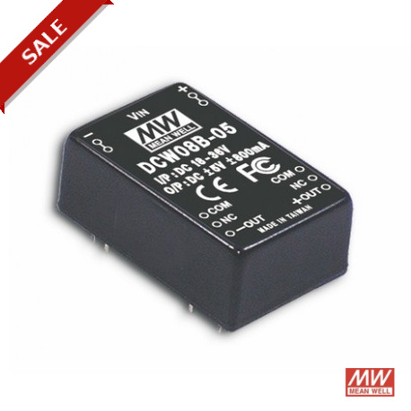DCW08A-15 MEANWELL Convertidor CC/CC para circuito impreso, Entrada: 9-18VCC, Salida: ±15VCC, 0,26A. Potenci..
