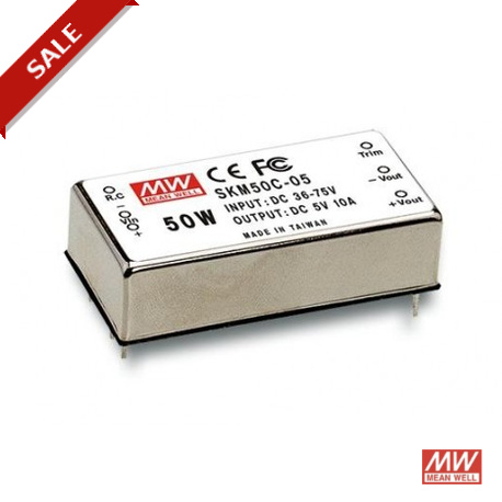 SKM50B-05 MEANWELL Conversor CC/CC para circuito impresso, Entrada: 18-36VCC, Saída: 5VCC, 10A. Potência: 50..