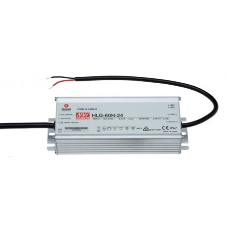 HLG-60H-24 MEANWELL Driver LED, Entrada: 90-305VCA, Salida: 24VCC, 2,5A, Potencia: 60W, Caja metálica IP67. ..