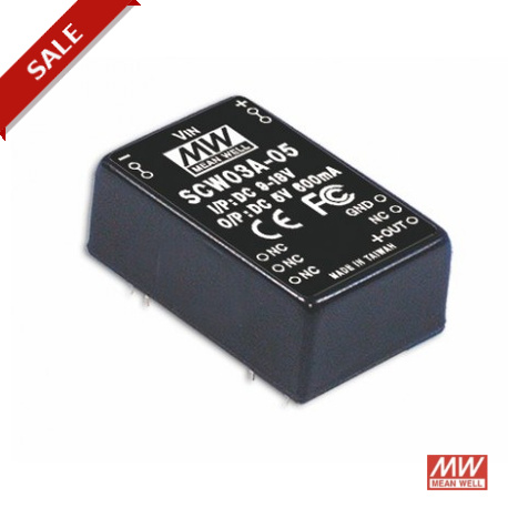 SCW03B-12 MEANWELL DC-DC Converter for PCB mount, Input 18-36VDC, Output 12VDC / 0.25A, DIP Through hole pac..