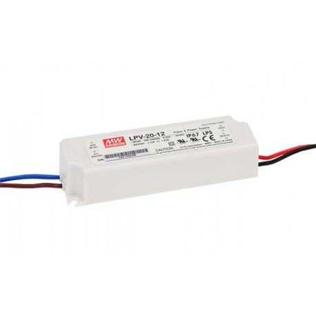 LPV-20-12 MEANWELL Driver LED, Entrada: 90-264VCA, Salida: 12VCC, 1670mA, Potencia: 20W. Caja plástico. IP67