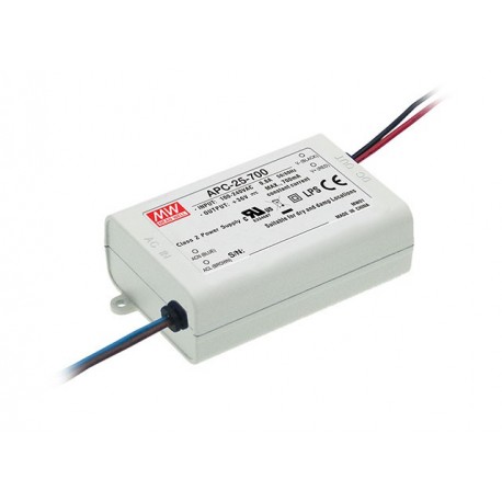 APC-25-1050 MEANWELL Driver LED, Entrada: 90-264VCA, Salida: 1050mA. 25,2W, Rango Tensión 9-24V, caja plásti..
