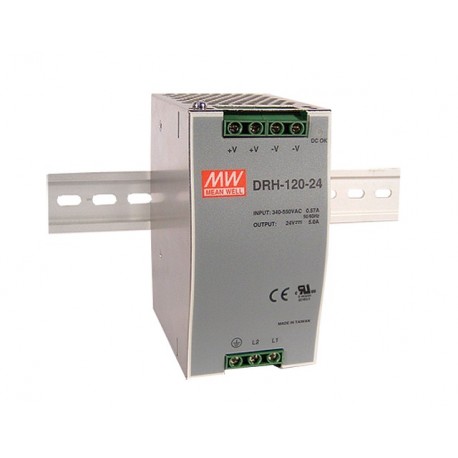 DRH-120-24 MEANWELL Fonte de alimentação para trilho DIN, In: 340-550VCA, Alimentação bifásica.Saída: 24VCC,..