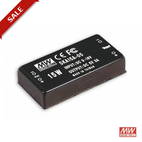 SKA15B-12 MEANWELL DC-DC Converter for PCB mount, Input 18-36VDC, Output 12VDC / 1.25A, DIP Through hole pac..