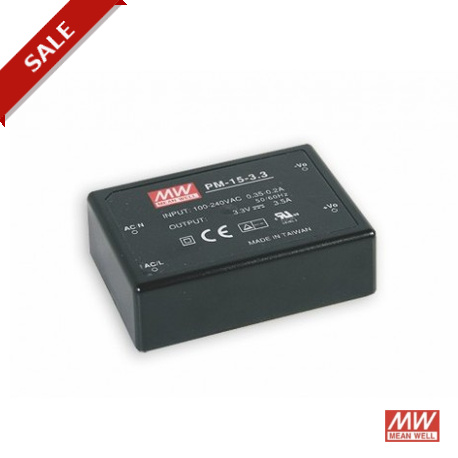 PM-15-3.3 MEANWELL Fuente de alimentación conmutada para circuito impreso, Entrada: 85-264Vca.Salida: 3,3Vcc..