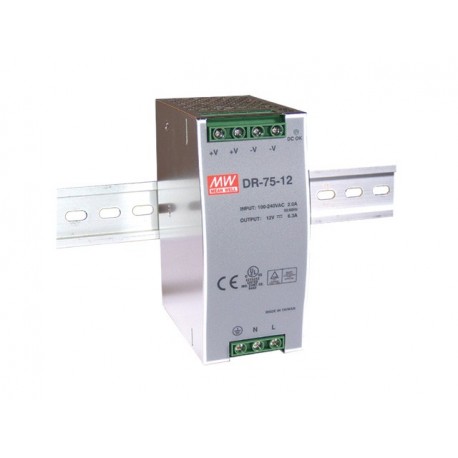 DR-75-12 MEANWELL Alimentazione AC-DC Industriale su guida DIN, Uscita 12VDC / 6.3 A, custodia in metallo