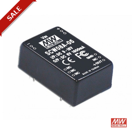 SCW08B-15 MEANWELL DC-DC Converter for PCB mount, Input 18-36VDC, Output 15VDC / 0.533A, DIP Through hole pa..