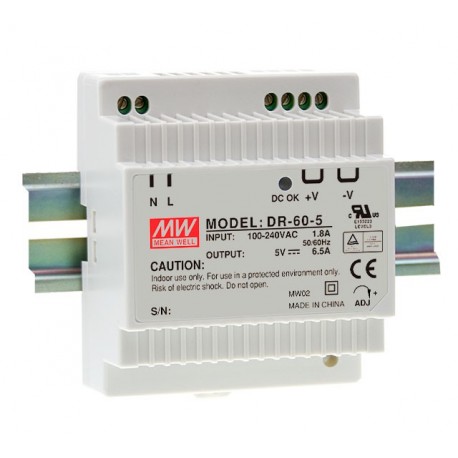 DR-60-5 MEANWELL AC-DC Industrial DIN rail power supply, Output 5VDC / 6.5A, plastic T-shape case