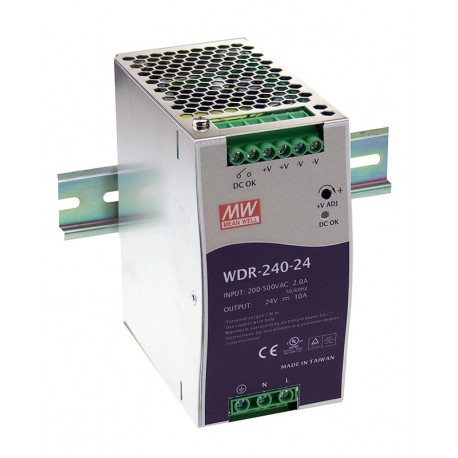 WDR-240-24 MEANWELL AC-DC Industrial DIN rail power supply, Output 24VDC / 10A, metal case, Ultra wide input..