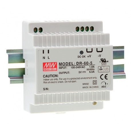 DR-60-24 MEANWELL Alimentation AC-DC Industriel pour rail DIN, Sortie 24 VDC / 2,5 A, boîtier en plastique e..