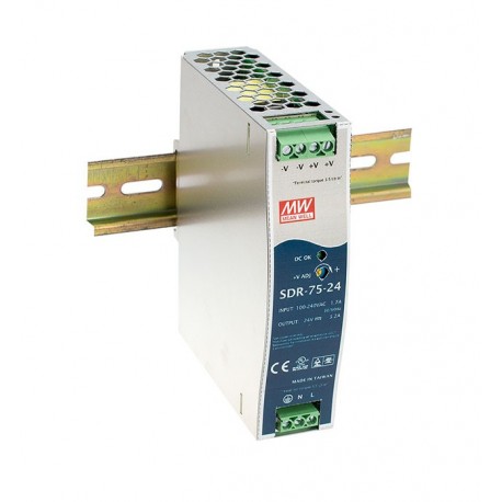 SDR-75-48 MEANWELL Alimentation AC-DC Industriel pour rail DIN, Sortie 48VDC / 1,6 A, boîtier en métal, Ultr..