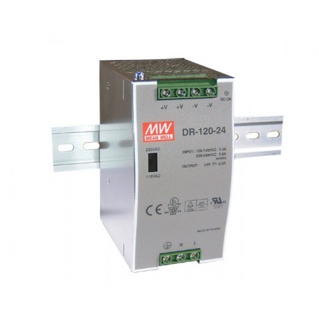 DR-120-48 MEANWELL Alimentazione AC-DC Industriale su guida DIN, Uscita 48VDC / 2,5 A, alloggiamento in meta..