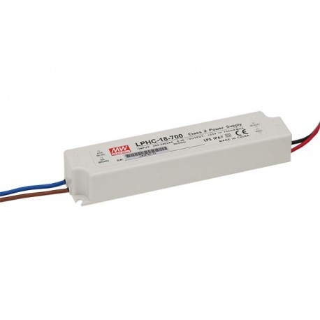 LPHC-18-700 MEANWELL Driver LED, Entrada: 180-264VCA, Salida: 700mA. 17,5W, Rango Tensión 6-25V, caja plásti..
