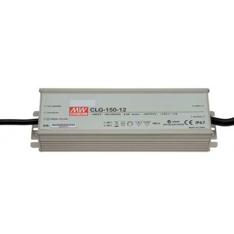CLG-150-12 MEANWELL AC-DC Single output LED driver Mix mode (CV+CC) with PFC, Output 12VDC / 11A, IP67, cabl..
