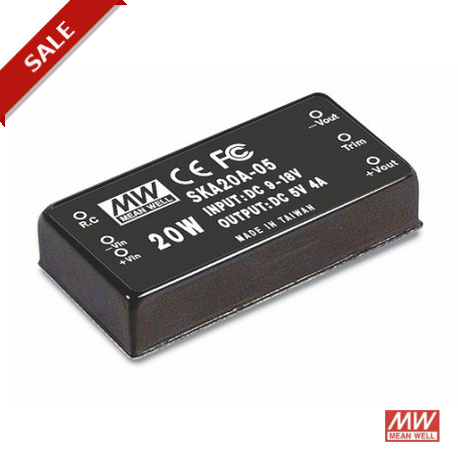 SKA20B-05 MEANWELL DC-DC Converter for PCB mount, Input 18-36VDC, Output 5VDC / 4A, DIP Through hole package..