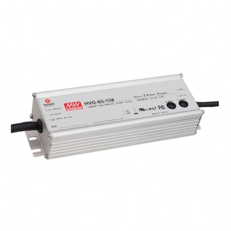 HVG-65-24B MEANWELL Driver LED, Entrada: 180-528VCA, Salida: 2,7A. 65W, Rango Tensión 14,4-24V regulable 0-1..