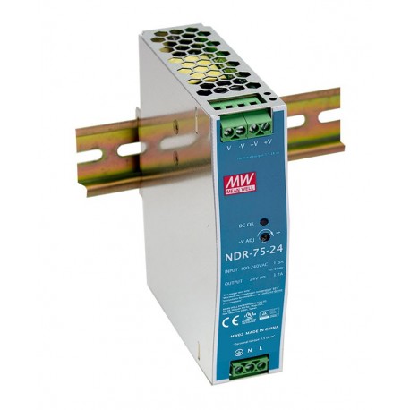 NDR-75-24 MEANWELL AC-DC Single output Industrial DIN rail power supply, Output 24VDC / 3.2A, metal case