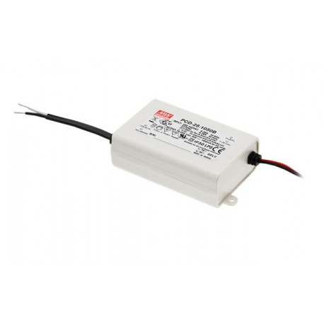 PCD-25-1400B MEANWELL Driver LED, Entrada: 180-295VCA, Salida: 1400mA. 25,2W, Rango Tensión 12-18V regulable..