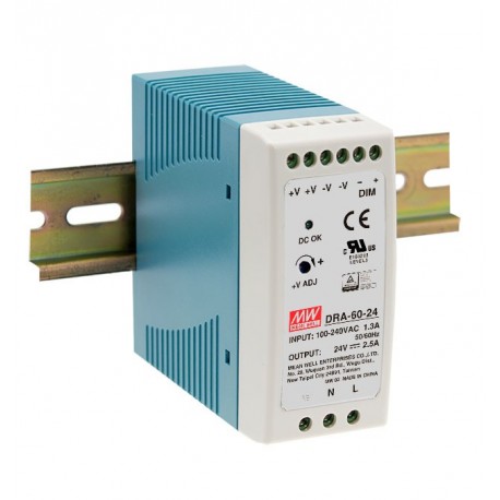 DRA-60-24 MEANWELL AC-DC Industrial DIN rail power supply, Output 24VDC / 2.5A, Dimming 0-10VDC PWM Resistan..