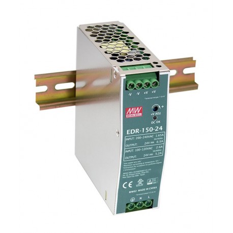 EDR-150-24 MEANWELL AC-DC Industrial DIN rail power supply, Output 24V / 6.5A(230VAC) / 24V / 5.2A(115VAC) m..