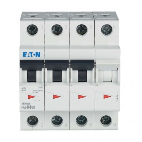 FAZ-K4/3N 279008 EATON ELECTRIC Автоматический выключатель 4А, кривая отключения К, 3+N полюса, откл. способ..
