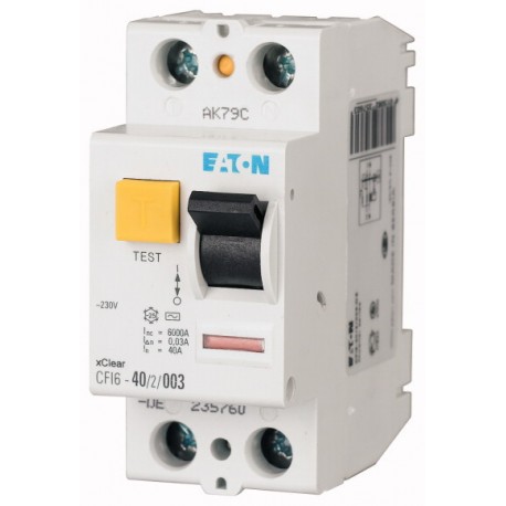 CFI6-40/2/003-DE 235760 EATON ELECTRIC Disjuntor actual de circuito residual (RCCB), 40A, 2 p, 30 mA, digite..