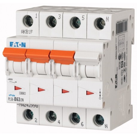 PLS6-D63/3N 113433 EATON ELECTRIC Over current switch, 63A, 3pole+N, type D characteristic