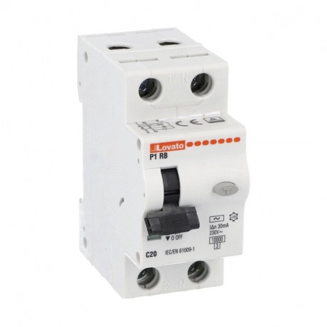 P1RB1NC20AC030 LOVATO Fehlerstromschutzschalter mit Überstromschutz, 10KA. 2 Module, 1P + N AC, 20A