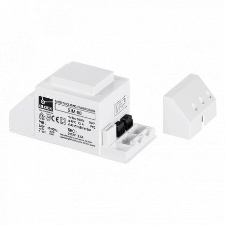 SIM 500 BLOCK Un trasformatore di sicurezza incapsulato, PRI 230 Vac, SEC 60-800 VA, 2 x 12 Vac