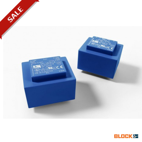VC 3,2/2/9 BLOCK Printtransformator
vergossen, PRI 230 Vac, SEC 3,2 ‑ 16 VA, 6 ‑24 Vac, 2 x 6 ‑ 2 x 24 Vac