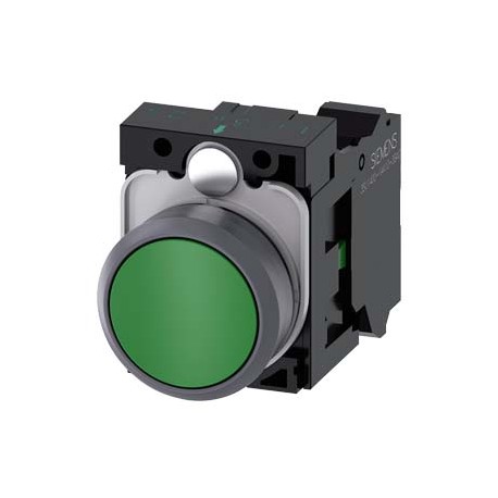 3SU1130-0AB40-3BA0 SIEMENS Pushbutton, 22 mm, round, plastic with metal front ring, green, pushbutton, flat,..