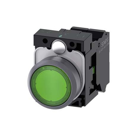 3SU1132-0AB40-3BA0 SIEMENS Illuminated pushbutton, 22 mm, round, plastic with metal front ring, green, pushb..