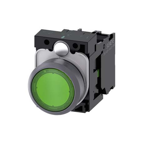 3SU1136-0AB40-1BA0 SIEMENS Illuminated pushbutton, 22 mm, round, plastic with metal front ring, green, pushb..