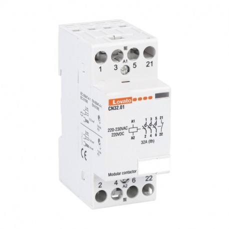 CN3201220 LOVATO CONTACTEUR MODULAIRE, TROIS PÔLES OU QUATRE-POLE, 32A AC1, 220 ... 230VAC (3NO + 1NF)