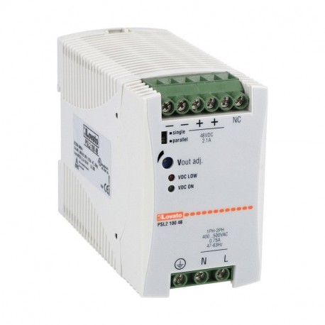 PSL210048 LOVATO DIN RAIL SWITCHING POWER SUPPLY, TWO PHASE. 48VDC, 2.1A / 100W