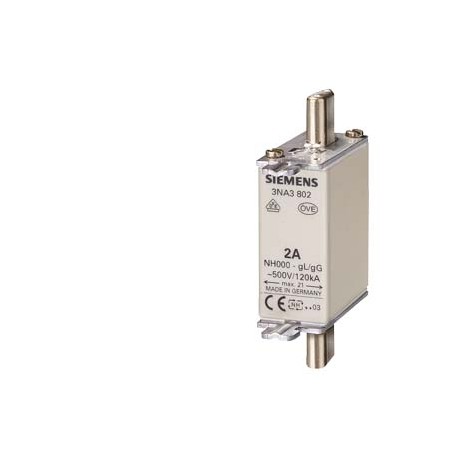 3NA3802 SIEMENS cartuccia fusibile NH, NH000, In: 2 A, gG, Un AC: 500 V, Un DC: 250 V, segnalatore di interv..