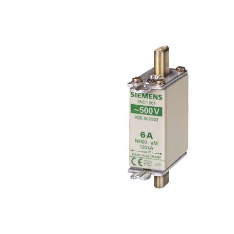 3ND1801 SIEMENS cartuccia fusibile NH, NH000, In: 6 A, aM, Un AC: 500 V, segnalatore di intervento frontale,..