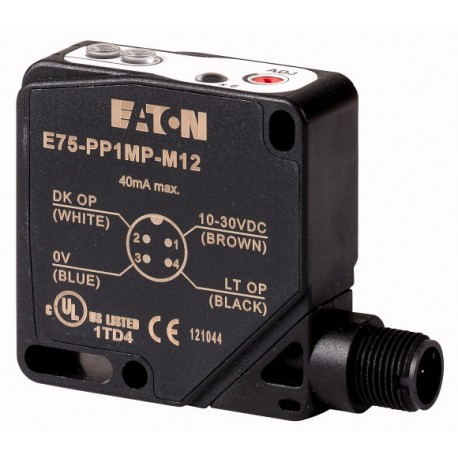 E75-PP1MP-M12 166997 EATON ELECTRIC Detektor-Photoelektrischer Hxbxt 50x18x50mm Sn 6-120 cm 10 30 V DC PNP, ..