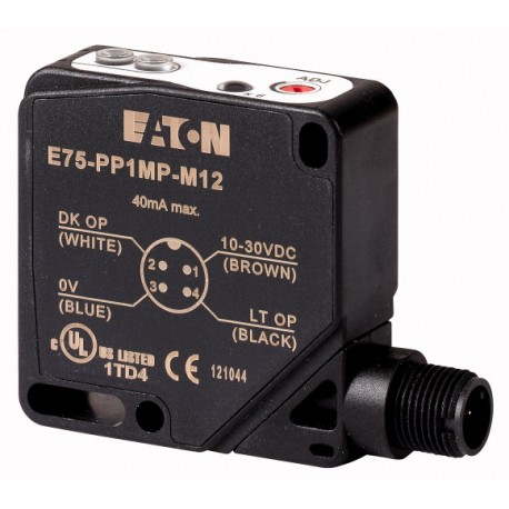 E75-PP1MP-M12 166997 EATON ELECTRIC Светоэлектрический детектор мм HxWxD 50x18x50mm Sn 6-120см 10 30 V DC PN..