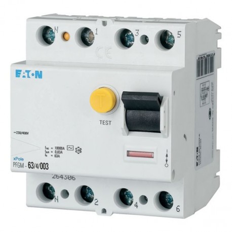 PFGM-63/4/003 264306 EATON ELECTRIC Residual current circuit breaker (RCCB), 63A, 4pole, 30mA, type AC
