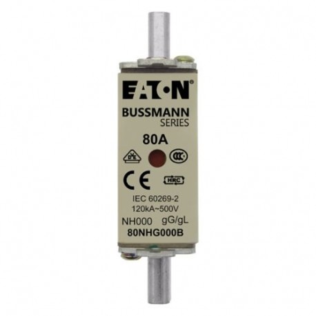 80NHG000B NH FUSE 80A 500V GL/GG SIZE 000 DUAL IN EATON ELECTRIC Cartouche fusible, Basse tension, 80 A, AC ..