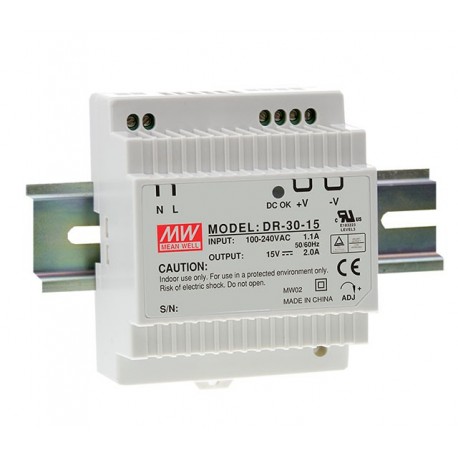 DR-30-12 MEANWELL AC-DC Industrial DIN rail power supply, Output 12VDC / 2A, plastic T-shape case
