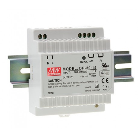 DR-30-5 MEANWELL Fonte de alimentação para trilho DIN, Entrada: 85-264Vca.Saída: 5Vcc. 3A. Potência: 15W.Cla..