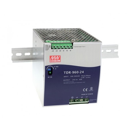 TDR-960-24 MEANWELL Alimentation AC-DC Industrielle 3-phase pour rail DIN avec PFC, Sortie 24V / 40A, boîtie..