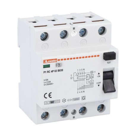 P1RC4P63B030 LOVATO RESIDUAL CURRENT OPERATED CIRCUIT BREAKER, 4 MODULES, 4P TYPE B, 63A, 30mA