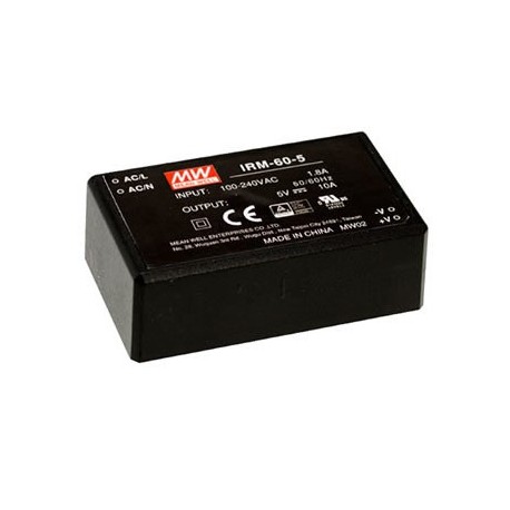 IRM-60-5 MEANWELL Fonte de alimentação comutada para circuito impresso, Entrada: 85-264VCA, Saída: 5VCC, 10A..