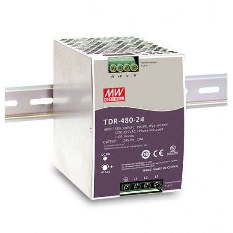 TDR-480-24 MEANWELL AC-DC Industrial 3-phase DIN rail power supply with PFC and Constant Current, Output 24V..