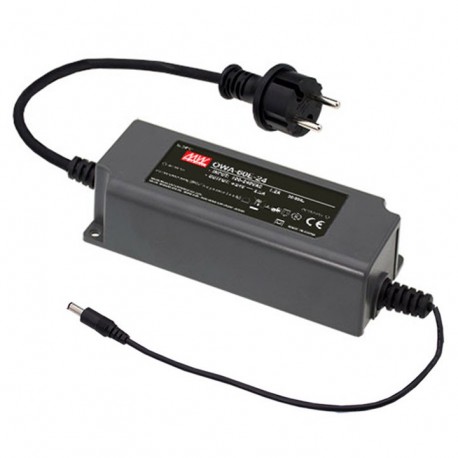 OWA-60E-24 MEANWELL AC/DC-Adapter, feuchtigkeitsfest mit PFC, Eingang 2-polig EU-Stecker, Ausgang 24 VDC / 2..